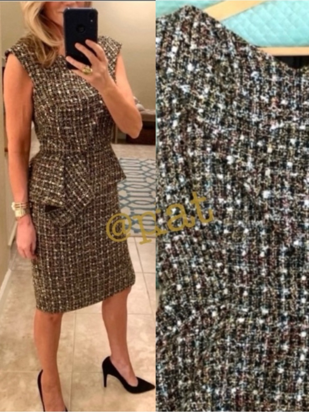 Eliza J Tweed Glitter Black Multicolor Boucle Peplum Dress